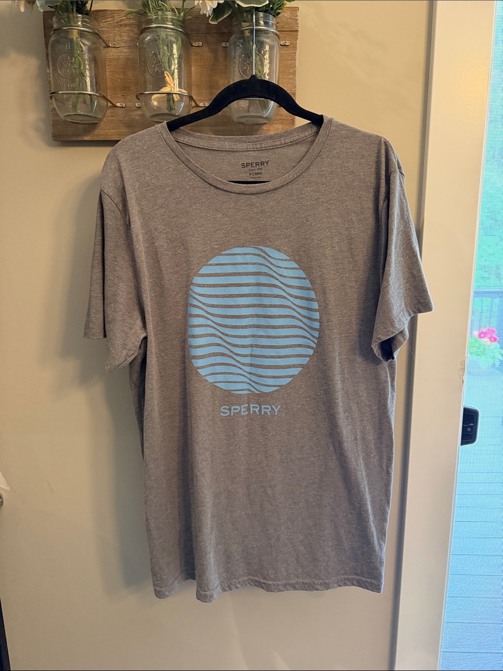 Sperry Gray Short Sleeve Tee with Light Blue Wave Graphic